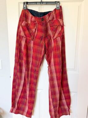 Free People Red Plaid Wide-Leg Trousers
